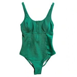 Green Ribbed One‎ Piece Swimsuit Zip Front Sleeveless Womens Bathing Suit